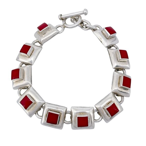 Vintage Mexico Sterling Silver 925 Red Enamel Bracelet 7.5" - Picture 3 of 7